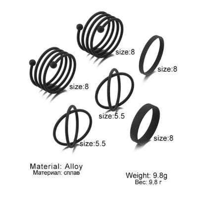 Picture of New Punk Finger Rings 6pcs/set Metal Rings for Women Girls - Black - Adjustable