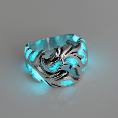 Picture of Luminous Titanium Steel Glow In The Dark Dragon Men Rings - Silver - Adjustable