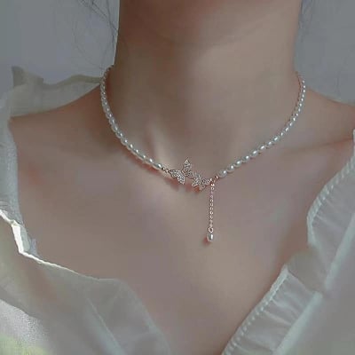 Picture of Sweet Rhinestone Bow Knot Pendant Necklace Chain - White - Adjustable