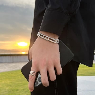 Picture of Hip Hop Men Cuban Link Chain Bracelet Shiny Rhinestone Inlaid Bangle Jewelry