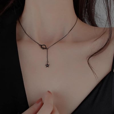 Picture of Black Moon and Planet Pendant. Hollow Flower Bowknot Choker Necklace for Women. Simple Clavicle Chain. Korean Jewelry. - Black