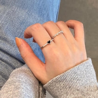 Picture of Heart Shaped Black Zircon Ring Set For Women - Silver - Adjustable