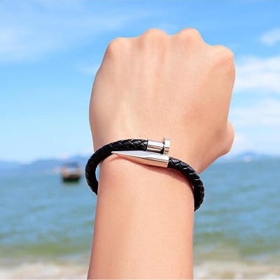 Picture of Stylish Men Alloy Magnet Buckle Titanium Steel Leather Rope Bracelet - Silver