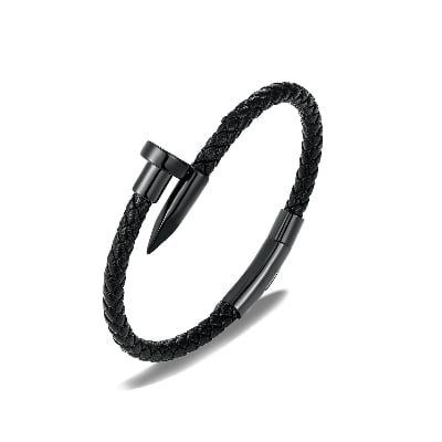 Picture of Nail Bracelet Men Titanium Steel Leather Rope Bracelet Magnetic  Braided Bracelet - Black