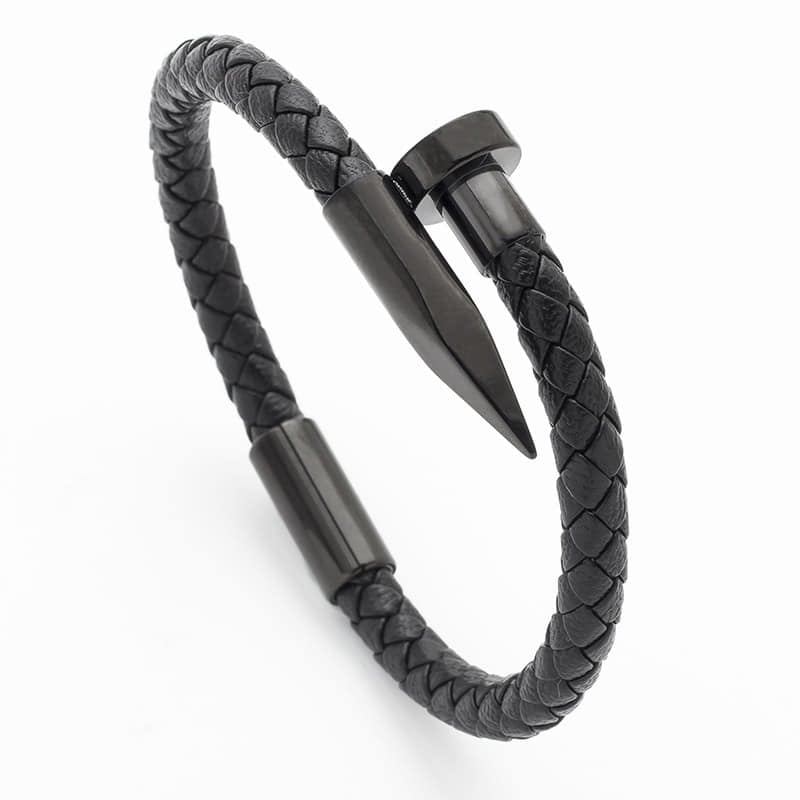 Picture of Nail Bracelet Men Titanium Steel Leather Rope Bracelet Magnetic  Braided Bracelet - Black