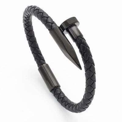 Picture of Nail Bracelet Men Titanium Steel Leather Rope Bracelet Magnetic  Braided Bracelet - Black
