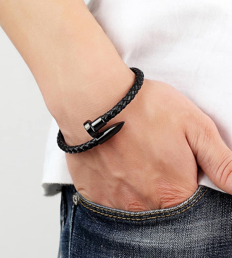Picture of Nail Bracelet Men Titanium Steel Leather Rope Bracelet Magnetic  Braided Bracelet - Black