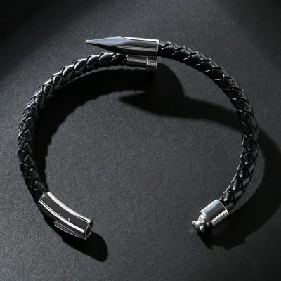 Picture of Nail Bracelet Men Titanium Steel Leather Rope Bracelet Magnetic  Braided Bracelet - Black