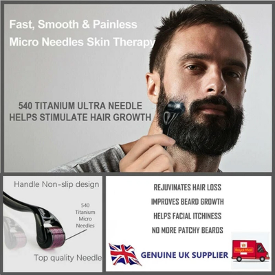 Picture of Beard &amp; Hair Growth Derma Roller &ndash; 540 Titanium Needles &ndash; 0.5mm Microneedling Roller for Skin, Scalp &amp; Face &ndash; Hair Regrowth, Skin Care, and Beard Growth Tool   Description (Bangla):