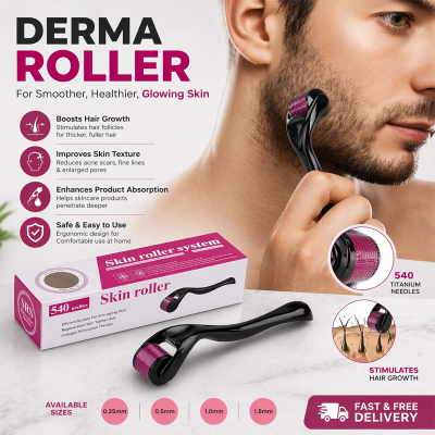 Picture of Beard &amp; Hair Growth Derma Roller &ndash; 540 Titanium Needles &ndash; 0.5mm Microneedling Roller for Skin, Scalp &amp; Face &ndash; Hair Regrowth, Skin Care, and Beard Growth Tool   Description (Bangla):