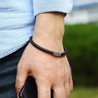 Picture of Ensemble Yourself - Easily Usable - Black Brown Braided Leather Bracelet For Men - Easy To maintain - Designed - Urban Vibes - Black