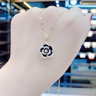 Picture of Stylish - Modern Vibe - Premium Quality - Black Rose Flower Sweater Necklace Chain for Women - Modern - Choice Expression - Gold