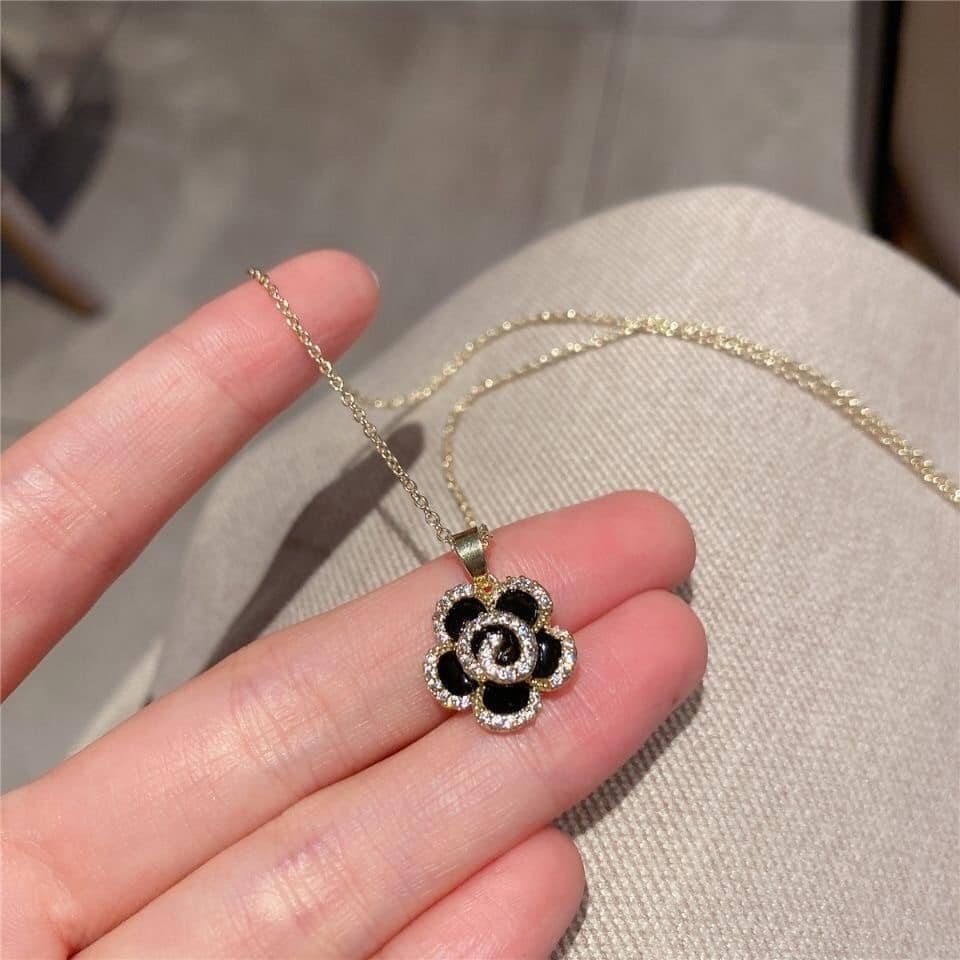 Picture of Stylish - Modern Vibe - Premium Quality - Black Rose Flower Sweater Necklace Chain for Women - Modern - Choice Expression - Gold
