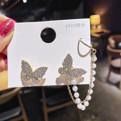 Picture of Korean Cute Trendy Fashionable Asymmetrical Rhinestone Butterfly Ear Cuff Earrings - White - Adjustable