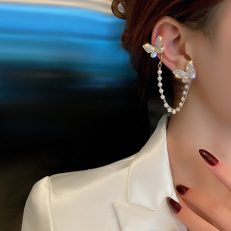 Picture of Korean Cute Trendy Fashionable Asymmetrical Rhinestone Butterfly Ear Cuff Earrings - White - Adjustable