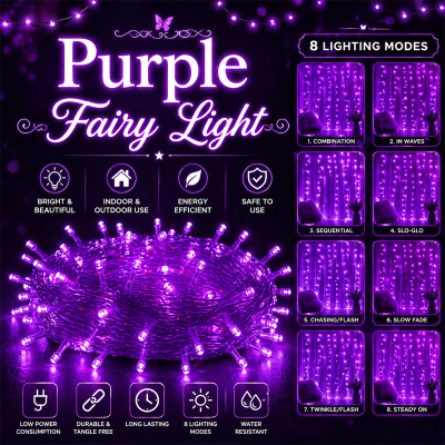 Picture of Purple Fairy Decorative Lights 8 Modes – LED String Lights for Room Decoration, Bedroom Curtain Party Wedding Festival Indoor Outdoor Decor- 33 Feet