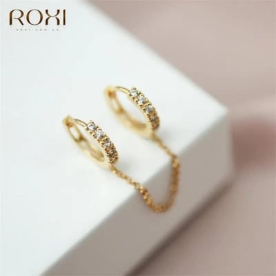 Picture of 2pcs Hole Piercing Shiny Zircon Silver Color Dangle Chain Hot Sale - Gold - Adjustable