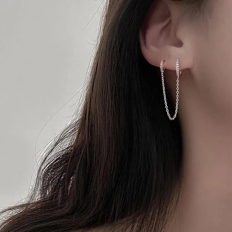 Picture of 2pcs Hole Piercing Shiny Zircon Silver Color Dangle Chain Hot Sale - Gold - Adjustable