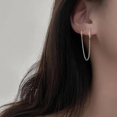 Picture of 2pcs Hole Piercing Shiny Zircon Silver Color Dangle Chain Hot Sale - Gold - Adjustable