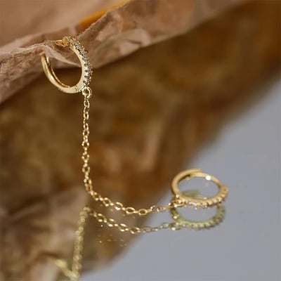 Picture of 2pcs Hole Piercing Shiny Zircon Silver Color Dangle Chain Hot Sale - Gold - Adjustable