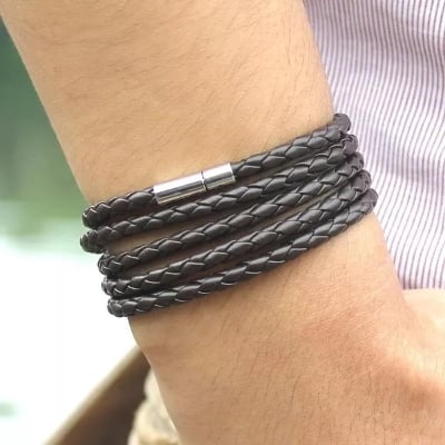 Picture of Unisex Fashion Handmade Round Rope Leather Charm Bracelet Bangle Jewelry Gifts - Black - Adjustable