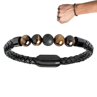 Picture of Premium Quality - Black Stainless Steel Magnetic Buckle Tiger's Eye Bracelet Jewellery for Men - Couture - High-end - Iconic Style - Brown - Adjustable
