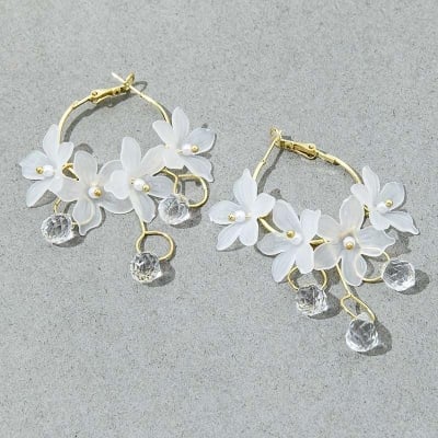 Picture of Stylish - Modern Vibe - Superb Quality - Flower Tassel Drop Earrings For Women - Trend and Needful - Designed - Urban Vibes - White - Adjustable
