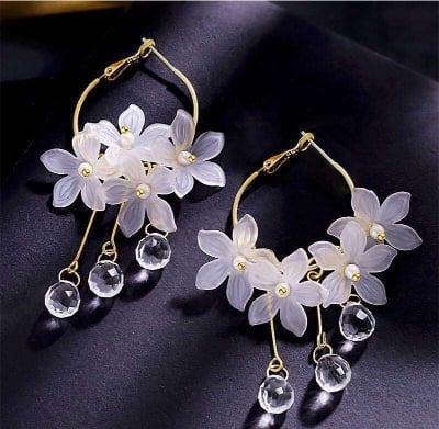 Picture of Stylish - Modern Vibe - Superb Quality - Flower Tassel Drop Earrings For Women - Trend and Needful - Designed - Urban Vibes - White - Adjustable