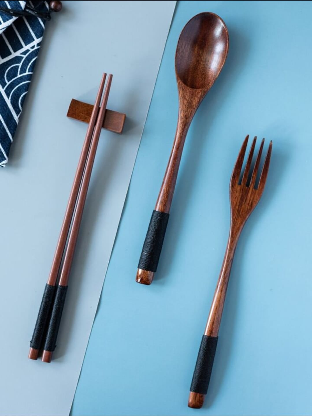 Picture of Wooden Tableware Set - Handmade, 4-Piece Dinnerware with Spoon, Chopsticks, Fork for Home Dining, Rice & Soup - Brown