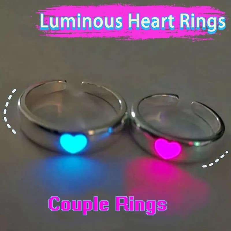 Picture of 2pcs/Set Glow In The Dark Heart Detail Cuff Ring - Pink - Adjustable