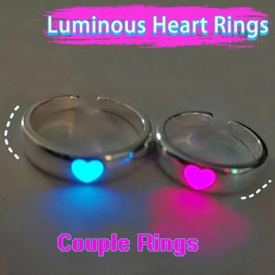 Picture of 2pcs/Set Glow In The Dark Heart Detail Cuff Ring - Pink - Adjustable
