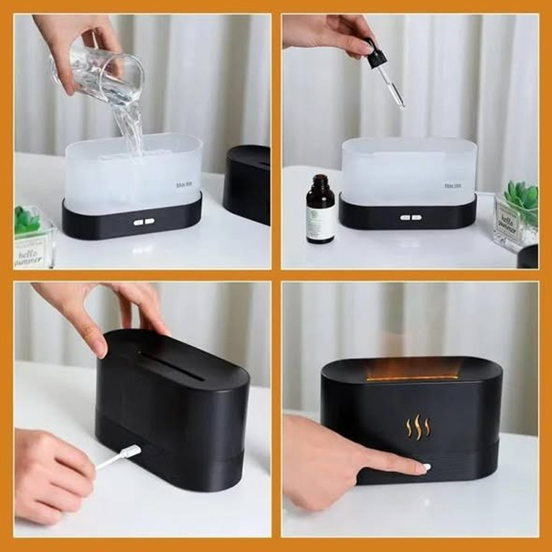 Picture of LED Flame Effect Air Humidifier Aromatherapy Ultrasonic Diffuser 180ml USB Flame Mist Humidifier with Night Light for Home Bedroom Office Relaxation