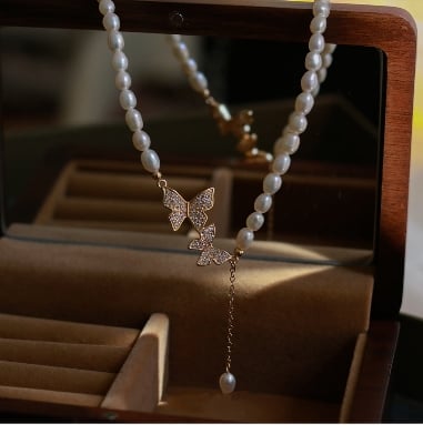 Picture of Stone Pearl Necklace For Women Love Heart Flower Butterfly Pendant  For Women