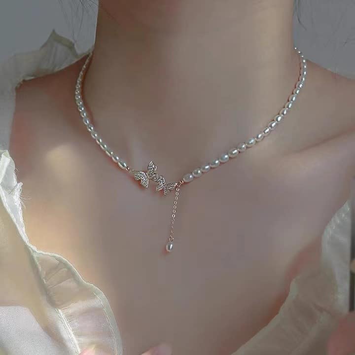 Picture of Stone Pearl Necklace For Women Love Heart Flower Butterfly Pendant  For Women