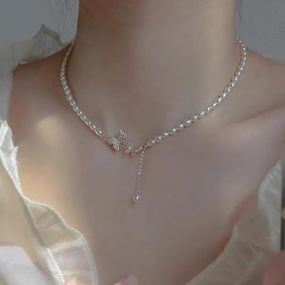 Picture of Stone Pearl Necklace For Women Love Heart Flower Butterfly Pendant  For Women