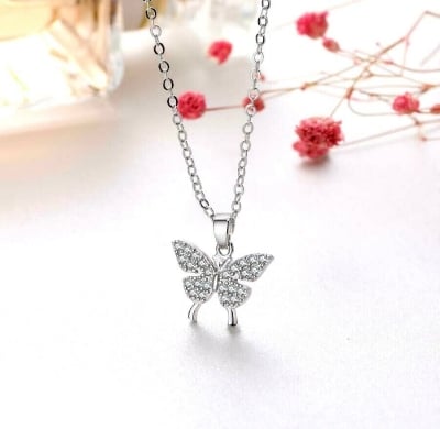 Picture of Silver Diamond Butterfly Pendant Necklace Sterling Silver - Silver - Adjustable