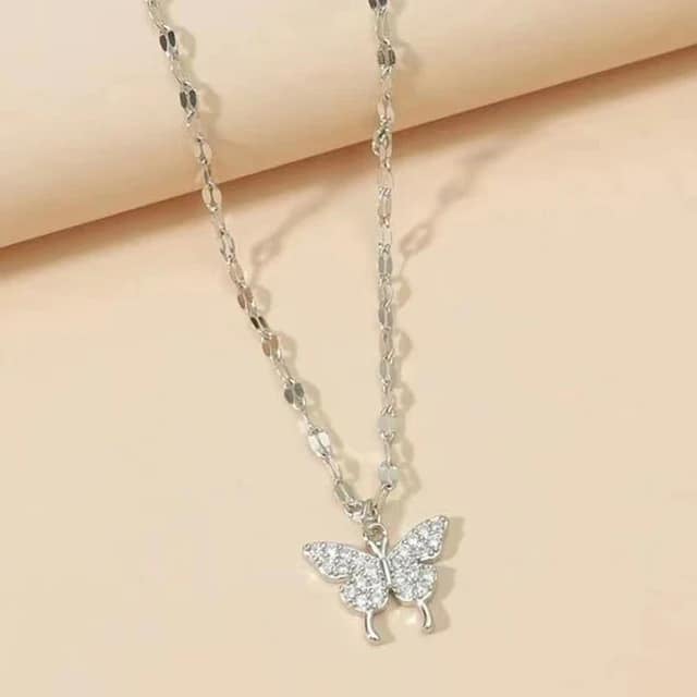 Picture of Silver Diamond Butterfly Pendant Necklace Sterling Silver - Silver - Adjustable