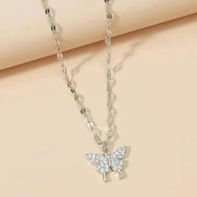 Picture of Silver Diamond Butterfly Pendant Necklace Sterling Silver - Silver - Adjustable