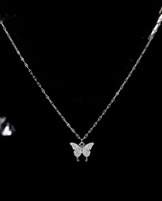 Picture of Silver Diamond Butterfly Pendant Necklace Sterling Silver - Silver - Adjustable