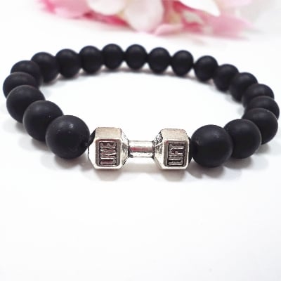 Picture of Silver Dumbbell Stone Beaded Bracelet Fitness Fit Life Prayer Dumbbell Bracelets for Men - Silver