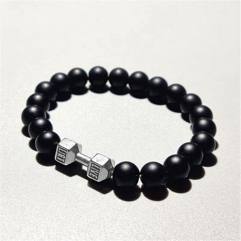 Picture of Silver Dumbbell Stone Beaded Bracelet Fitness Fit Life Prayer Dumbbell Bracelets for Men - Silver