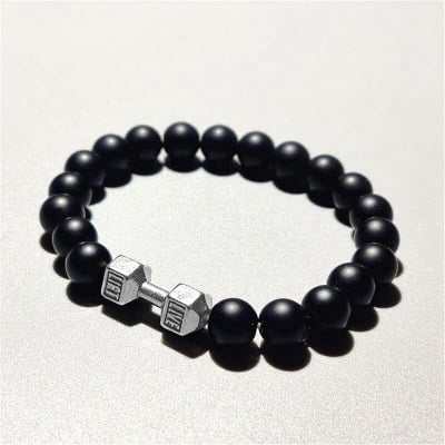 Picture of Silver Dumbbell Stone Beaded Bracelet Fitness Fit Life Prayer Dumbbell Bracelets for Men - Silver
