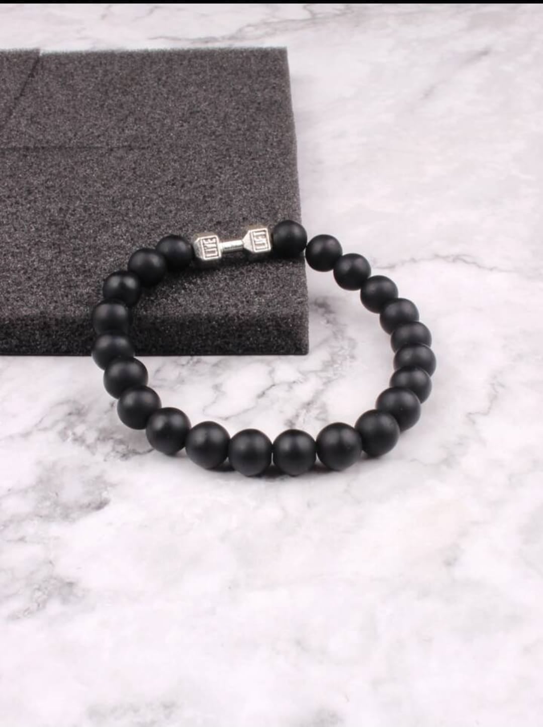 Picture of Silver Dumbbell Stone Beaded Bracelet Fitness Fit Life Prayer Dumbbell Bracelets for Men - Silver