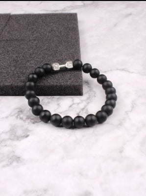 Picture of Silver Dumbbell Stone Beaded Bracelet Fitness Fit Life Prayer Dumbbell Bracelets for Men - Silver