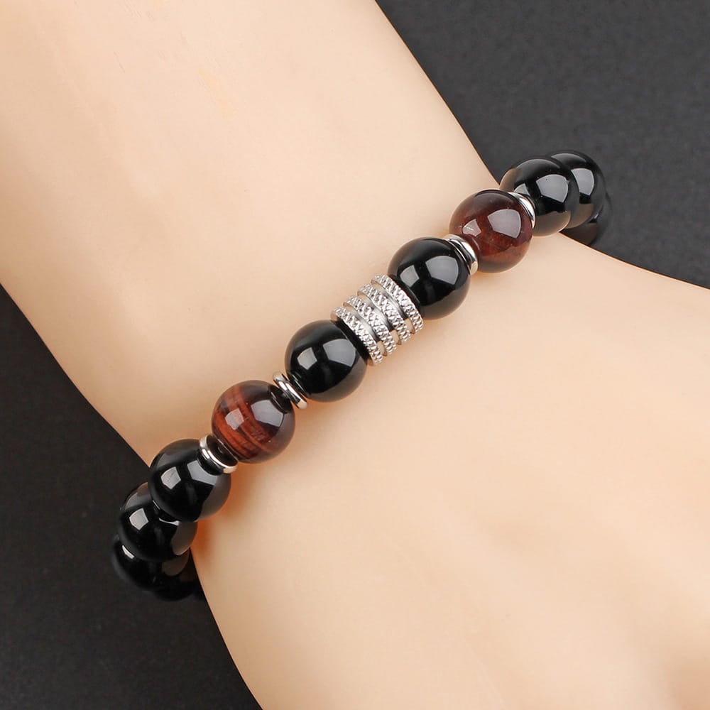 Picture of Men's Fashionable Stainless Steel Eye Tiger Beaded Bracelet With Black Luster Stone for Men - Chocolate