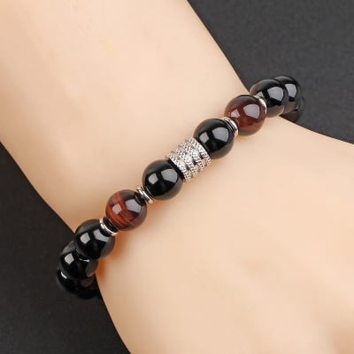 Picture of Men's Fashionable Stainless Steel Eye Tiger Beaded Bracelet With Black Luster Stone for Men - Chocolate