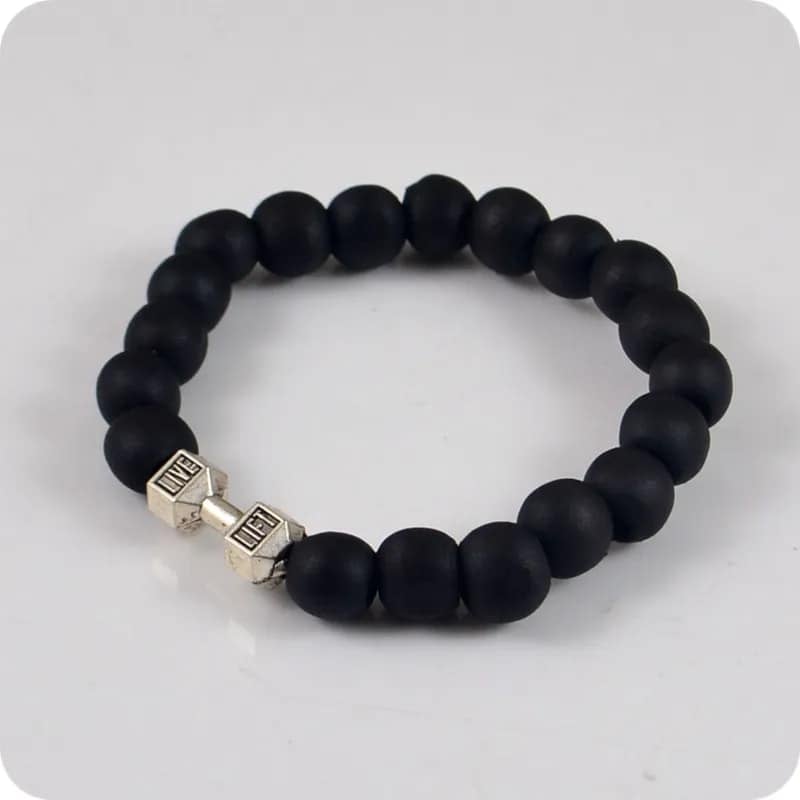 Picture of Fit Life Black Matte Stone Dumbbell Shape Bracelet Fitness Motivation Gym for Men - Silver