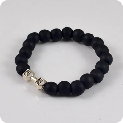 Picture of Fit Life Black Matte Stone Dumbbell Shape Bracelet Fitness Motivation Gym for Men - Silver
