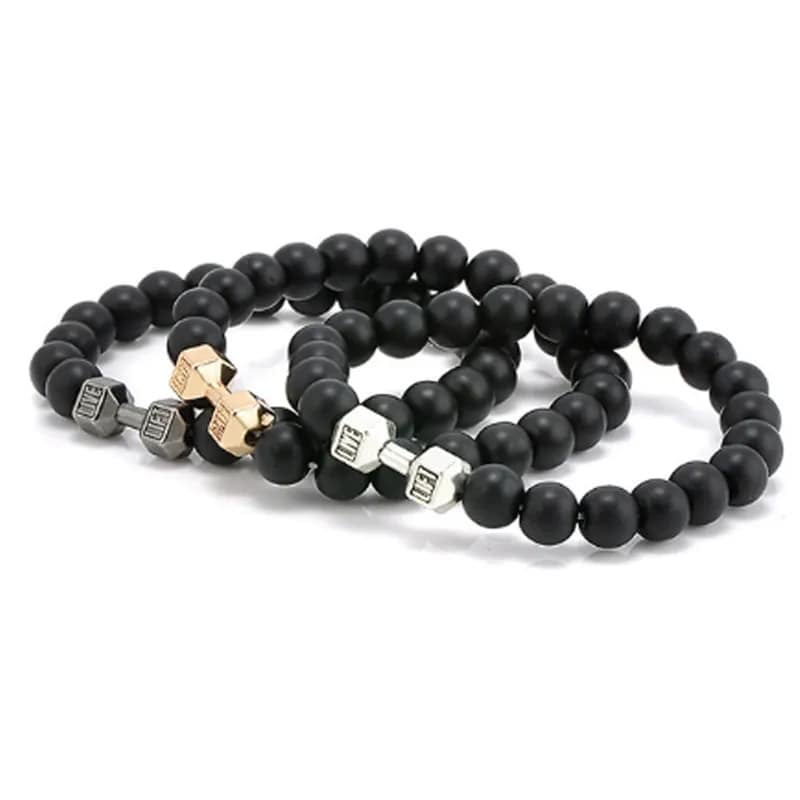 Picture of Fit Life Black Matte Stone Dumbbell Shape Bracelet Fitness Motivation Gym for Men - Silver