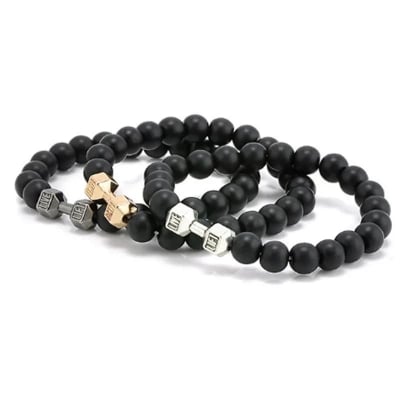 Picture of Fit Life Black Matte Stone Dumbbell Shape Bracelet Fitness Motivation Gym for Men - Silver